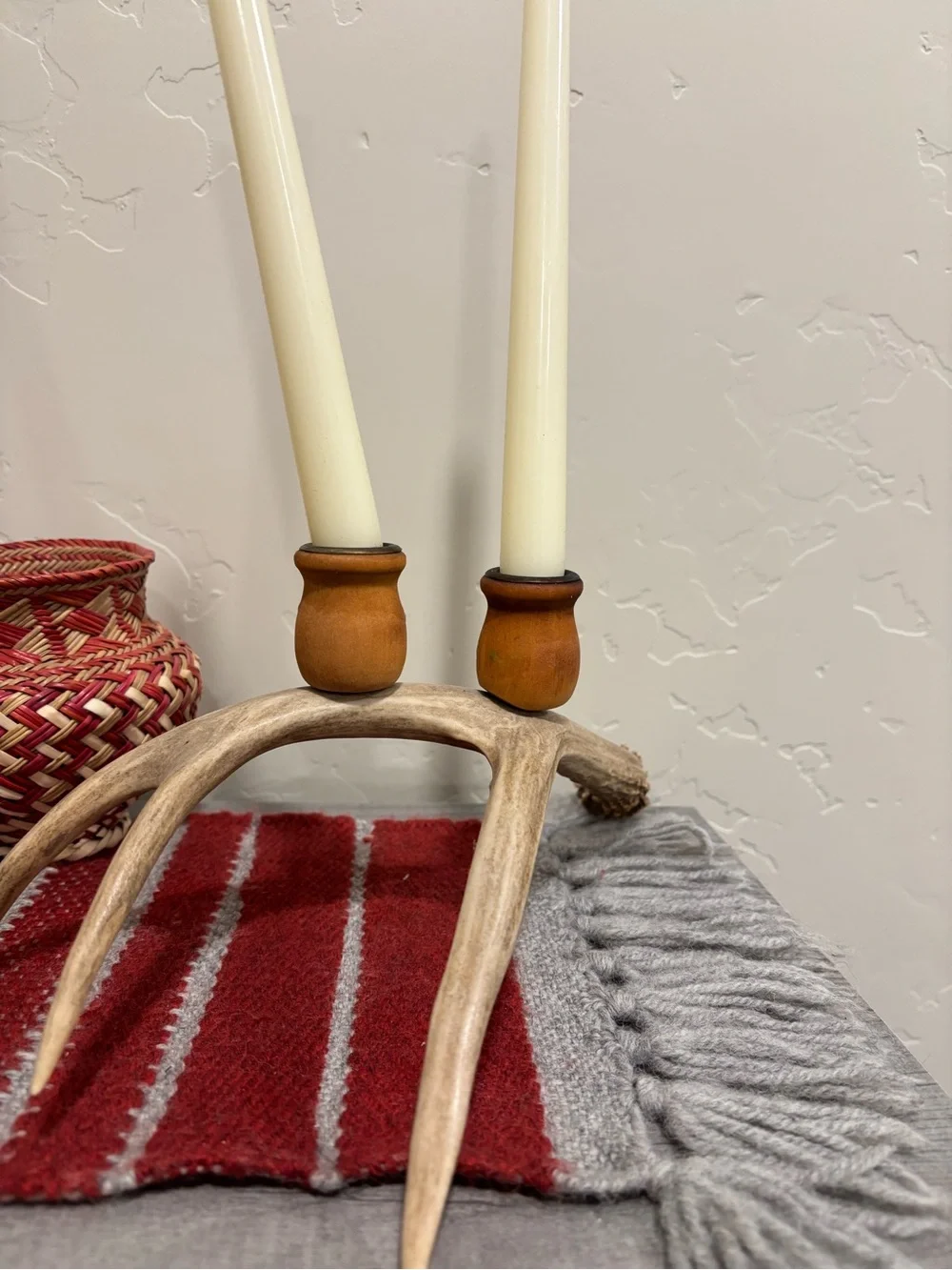 Rustic Antler Double Candle Holder with Cream Taper Candles